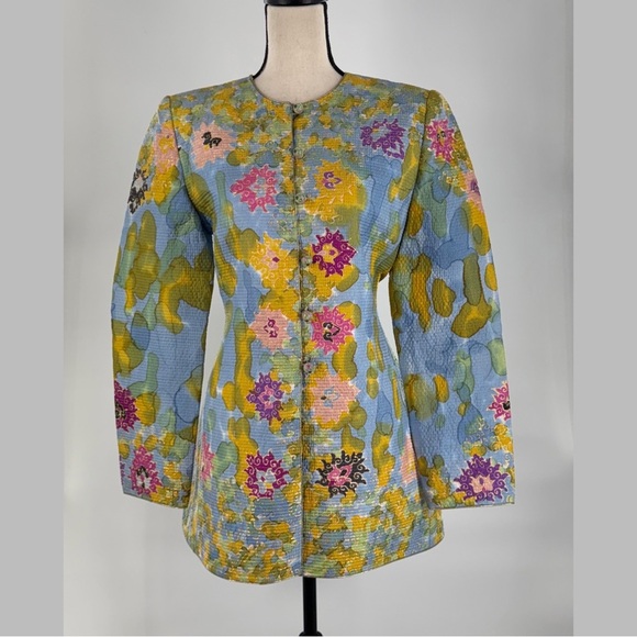 Mary McFadden Couture Silk Quilted Floral Jacket w/ Glass Bead Buttons – Size 10 - Picture 14 of 16